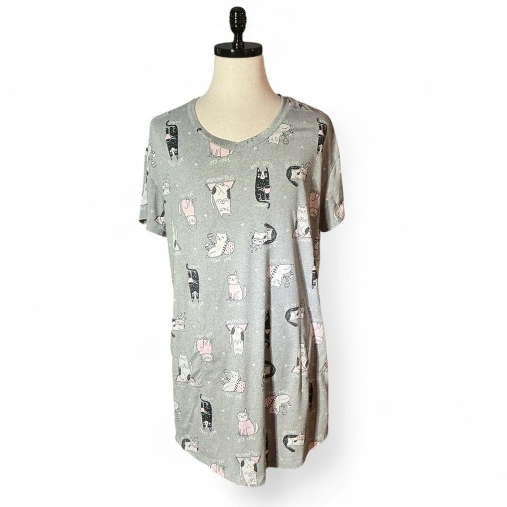 Peanuts Snoopy Cat Print Sleep‎ Shirt Nightgown Womens S M Grey V Neck Cat Lady
